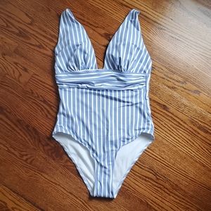 New One Piece Striped Plunging Shein Swimsuit